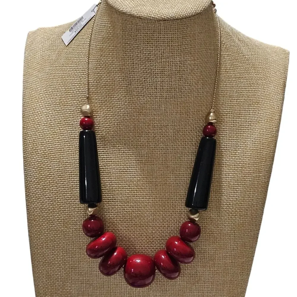 Chico's Maroon and Black Gold‎ Tone Ball Necklace New!